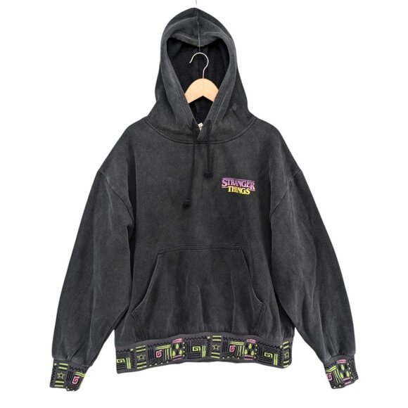 PacSun Stranger Things Hoodie Mens Washed Black Upside Down Long Sleeve Sz XL - Picture 1 of 12